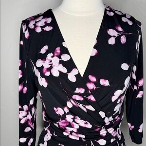 London Style Collection Black and Pink Floral Dress With Flattering waist